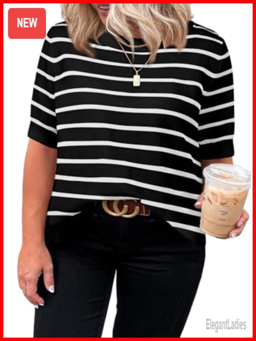 Plus Size Short Sleeve Striped Knit Sweater Top Crewneck Tunic Blouse